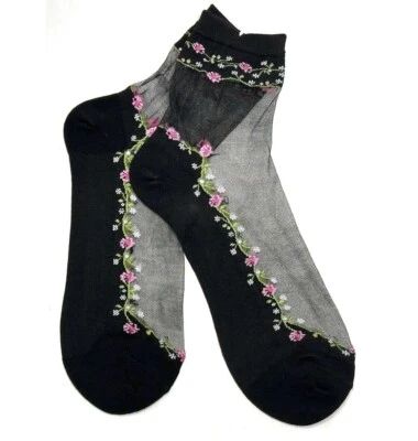 MUJER CALCETINES TOBILLEROS ROSA BLANCO JAZMÍN FLORAL BORDADO NEGRO TRANSPARENTE 1PR NUEVOS Foto 1 de 4