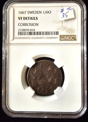 Sweden 1667 1/6 Ore NGC VF Details Old Copper Coin - Image 1 of 2