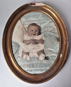 Vintage Oval Photograph Of Baby On Blue Satin Damaged Gilt Frame 1942 WWII Era - Picture 1 of 9