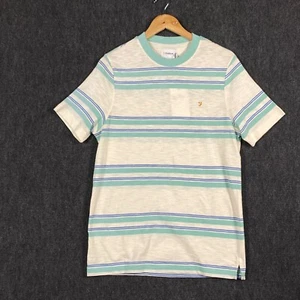 Farah Mission Mens Medium Short Sleeve T-Shirt Tee Cream Blue Green Stripe - Picture 1 of 11
