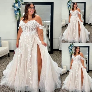 Plus Size Off the Shoulder Wedding Dresses with Side Split Lace Appliques - Picture 1 of 10