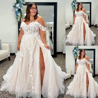 Plus Size Off the Shoulder Wedding Dresses with Side Split Lace Appliques - Image 1 of 4