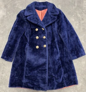Vintage 60s Dyersburg Women’s Blue Faux Fur Pea Coat - Picture 1 of 9
