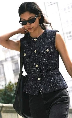 Chaleco de lentejuelas con cinturón estructurado azul marino talla XL de Zara para mujer NUEVO NUEVO CON ETIQUETAS Foto 1 de 4