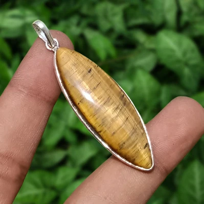 Pingente de pedra preciosa olho de tigre corte marquesa 925 folheado a prata esterlina A+ - Imagem 1 de 4