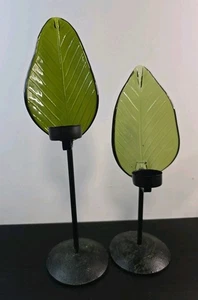 2er Set Windlichthalter grün Kunstglas Glas Blattschirme Metallständer - Bild 1 von 8