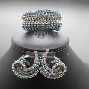 Vintage Hobe Armband Ohrringe Strass blau klar Clip auf 6,5 Zoll - Bild 1 von 17