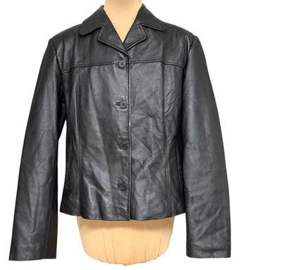 Mujer Chaqueta CLIO Vintage Cuero M Negro Bolsillos Blazer Tareas Botón Clásico Foto 1 de 4