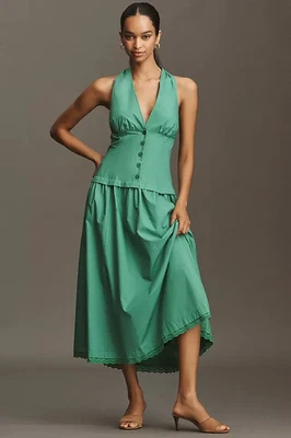 ANTHROPOLOGIE NWT $178 Maeve Green Halter Drop Waist Midi Dress Size Medium - Image 1 of 4