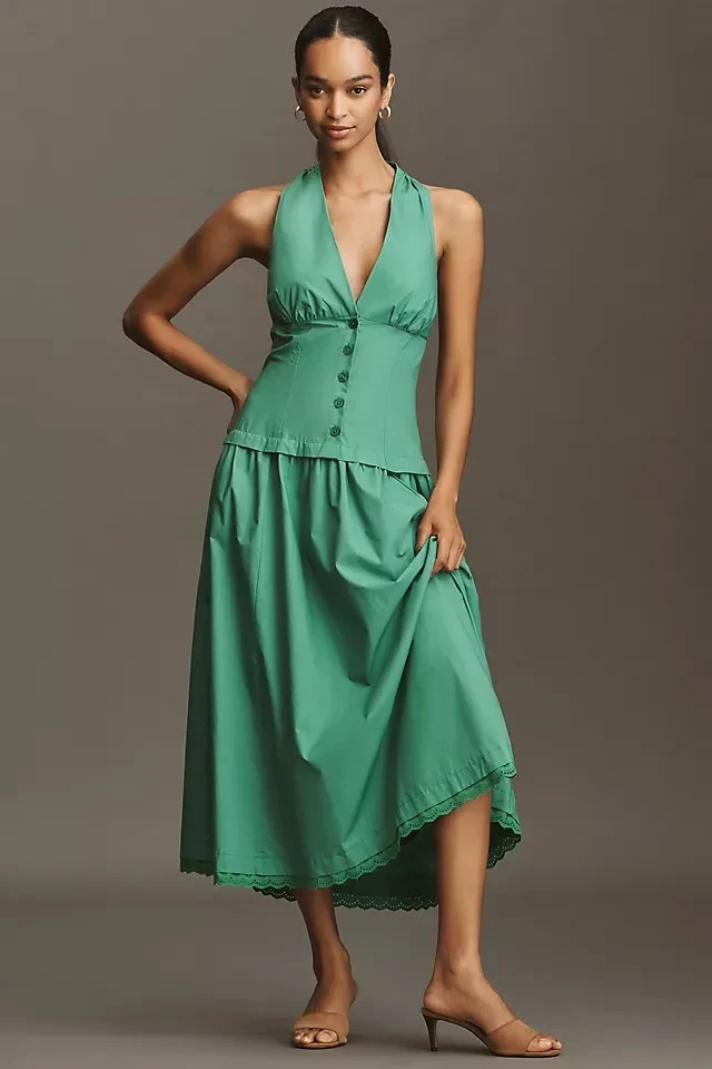 ANTHROPOLOGIE NWT $178 Maeve Green Halter Drop Waist Midi Dress Size Medium - Image 1 of 4