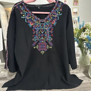 CALEOOA L Artsy Black Colorful Embroidered BOHO Peasant Tunic Blouse XL - Picture 1 of 9