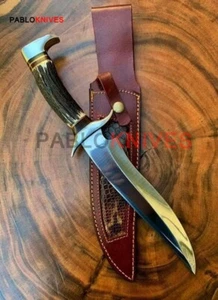 Cuchillo Bowie de caza de alto pulido de acero al carbono hecho a mano premium mango de asta de ciervo - Imagen 1 de 4