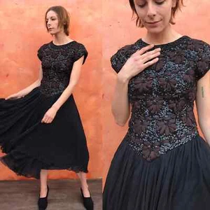 Vestido vintage años 80 y 50 fiesta cóctel pinup cinta con cuentas gasa - Imagen 1 de 8