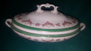 VNTG. WEDGWOOD & CO BORDE VERDE CON BORDE ROSA OVALADO 12 1/2" CUENCO VEGETAL CUBIERTO - Imagen 1 de 12