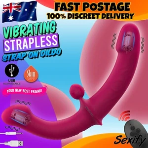 Strapless Strap On Double Ended Dildo Couples Pegging Vibrator Remote Sex Toy - Picture 1 of 20
