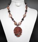 Chinese Red Jasper Floral Plaque Pendant -Rutilated Quartz Bead Sterling Necklac