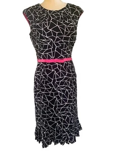 Donna Ricco Sleeveless Silk Dress 6 Black White Geo Design Hot Pink Belt Lined - Picture 1 of 10
