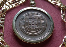 1918 Portugal Copper 2c Antique Coin Pendant w 24" 18k Gold Filled Figaro Chain