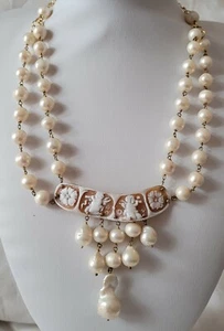 ANCIEN COLLIER VERITABLE CAMÉE ANGE 2 RANGS PERLES D'EAU DOUCE / VERMEIL # K21 - Picture 1 of 9