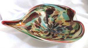 Murano Italia Aventurina Arte Vidrio Hoja Cuenco 10.5′′ Confeti Sommerso Mediados de Siglo - Imagen 1 de 9