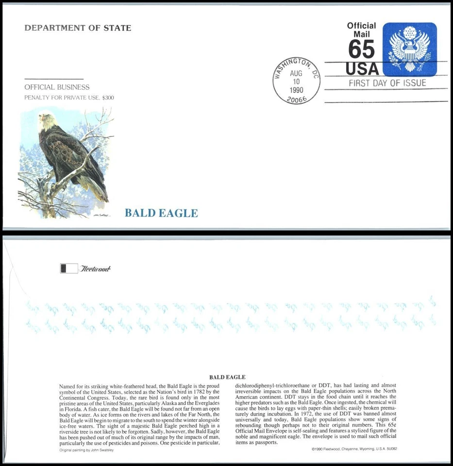 1990 Official Mail 65c stationery entire Sc UO82 Fleetwood FDC eagle & shield - Image 1 of 1