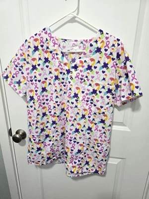 I Love Scrubs Top White Multicolor Heart Ribbon Size Large Medical Uniform - Image 1 of 4