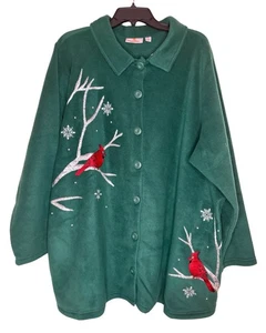 Quacker Factory Fleece Coat 3X Green Button Up Embroidered Cardinal Art to Wear - Picture 1 of 6
