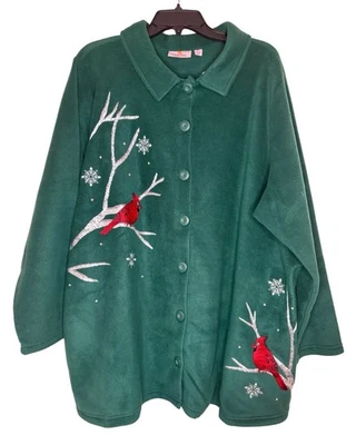 Quacker Factory Fleece Coat 3X Green Button Up Embroidered Cardinal Art to Wear - Image 1 of 4