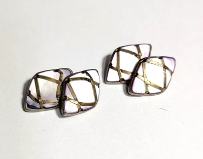 Vintage Mother of Pearl Cufflinks Gold Tone Geometric Lattice Inlay Mid-Century - Image 1 of 2