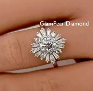 Art Deco 1 Ct Round Cut Moissanite Halo Engagement Ring Solid 14K White Gold - Picture 1 of 6