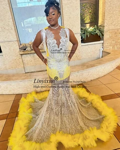 Gold Pailletten Meerjungfrau Abschlussballkleider Luxus Kristall Diamant Geburtstag Abendkleid - Bild 1 von 4