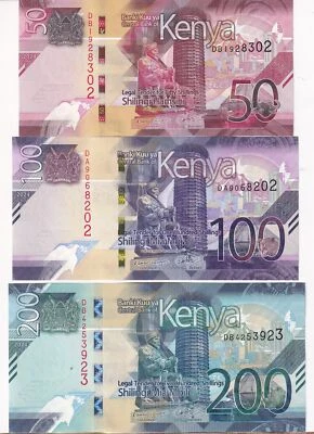 Kenia Set 3 UNC 50 100 200 chelines 2024 P 52 53 54 Foto 1 de 4