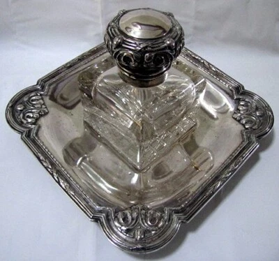 Enorme tintero antiguo alemán de plata y cristal con bandeja corona de la Torá H. Schaper Foto 1 de 4