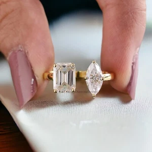 Toi Et Moi Moissanite Ring Marquise And Emerald Moissanite Wedding Ring FD141 - Picture 1 of 10