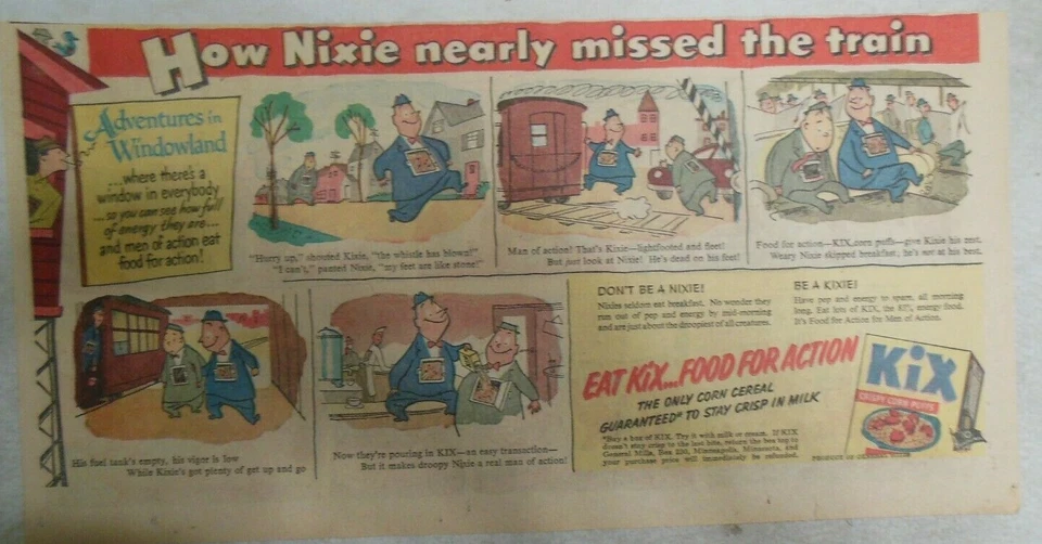 Kix Cereal Ad: "Nixie Nearly Missed The Train ! " 1950's Size: 7.5 x 15 inches - Image 1 of 1