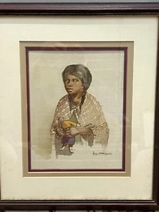 Jorge Imana Garron Original Sepia Ink Drawing, Maria & Her Doll, Signed, Framed - Picture 1 of 8