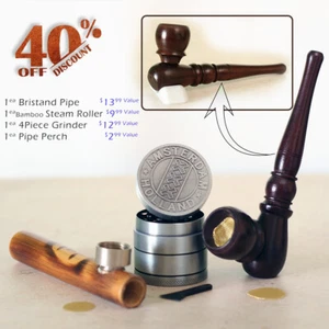 (2 pipes & Grndr) Premium Wood Hand Carved Smoking Pipes & Metal 4pt Grinder HB - Picture 1 of 16