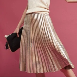 Maeve Anthropologie Pleated Metallic Knee Length Skirt Champagne Silver Large - Picture 1 of 13