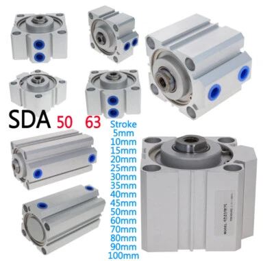 SDA 50/63mm Bore Thin Pneumatic Air Cylinder 5~100mm Stroke Double Acting Alloy - Image 1 of 4