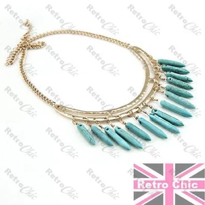 PICOS TURQUESA babero COLLAR CUELLO GRANDE retro ORO MODA martillado PUNKY azul - Imagen 1 de 5