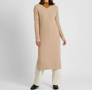 Uniqlo Women Wide Ribbed V Neck Knit Long Dress XS Natural - Picture 1 of 6