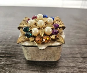 Jo Marz Signed MOP Jeweled Rhinestone & Pearl Topped Jewelry Pill Trinket Box - Picture 1 of 7