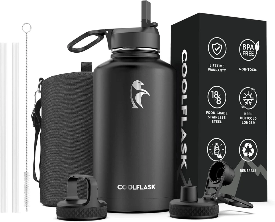 64 oz Water Bottle Insulated with Straw & 3 Lids|Large Metal Stainless Steel Wat - Image 1 of 4