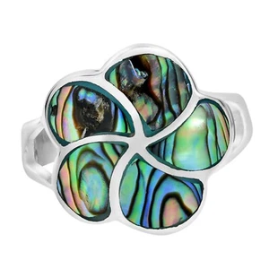 Anillo floral de plata esterlina con incrustaciones de abulón con flores de plumeria hawaiana-6 - Imagen 1 de 5