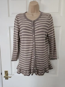 Laura Ashley Peplum Cardigan Size 12  Beige Stripe 5% Cashmere Button Front  - Picture 1 of 9