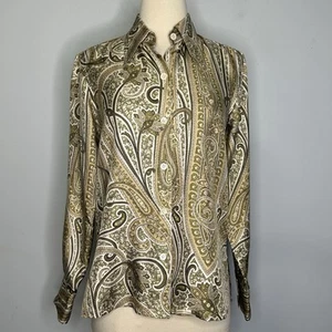 J. Crew Women’s Vintage 100% Silk Green Paisley Buttoned Front Blouse Top Size S - Picture 1 of 7