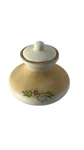 Vintage Mini Stoneware Lidded Jar Cream Tan Hand Painted Floral Spice Pot - Picture 1 of 7