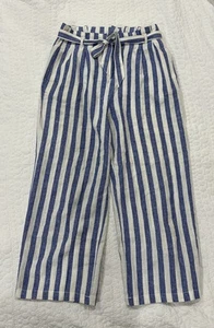J. Pantalone Crew Donna Taglia 8 Blu Bianco Lino Cotone Carta Sacchetto Cravatta Vita Rigato - Foto 1 di 7