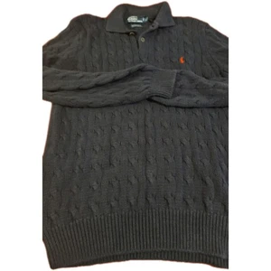 Ralph Lauren Sweater Mens Lg Navy Cable Knit Collar 1/2 Button Red Pony Vintage - Picture 1 of 8