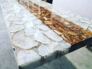 48" x 30" White Agate With Petrified Stones Table Top Natural Stones Work - Picture 1 of 7